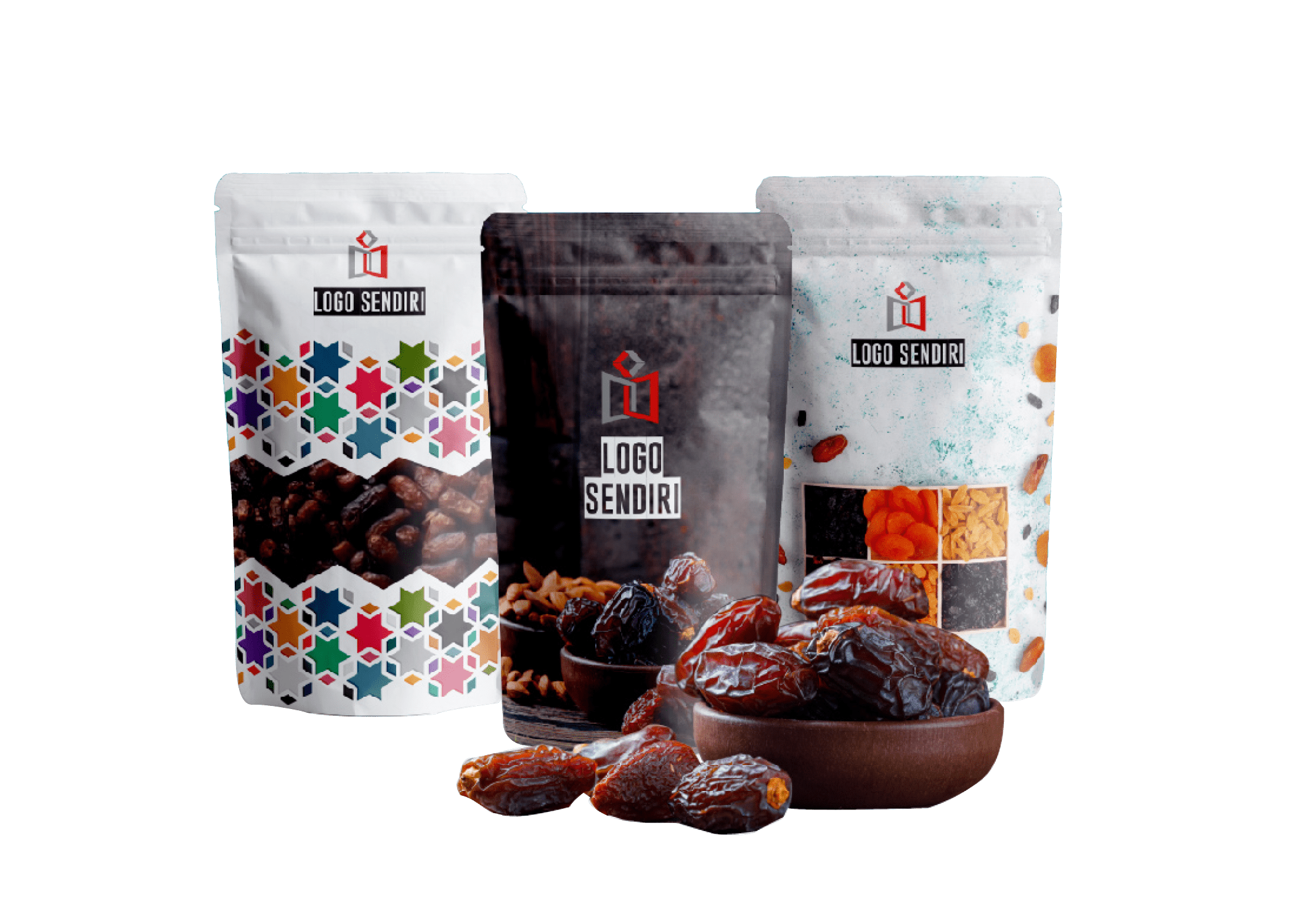 Stand up pouch packaging for dates and dried food products showing retail display format