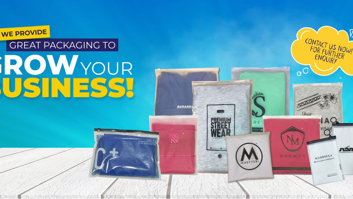 A product image with a bright blue sky background, an arrangement of plastic pouches on a white wooden table or surface for product display, and a