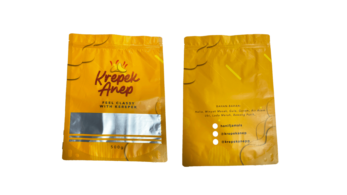 A resealable food bag with a golden color and a yellow and red design.