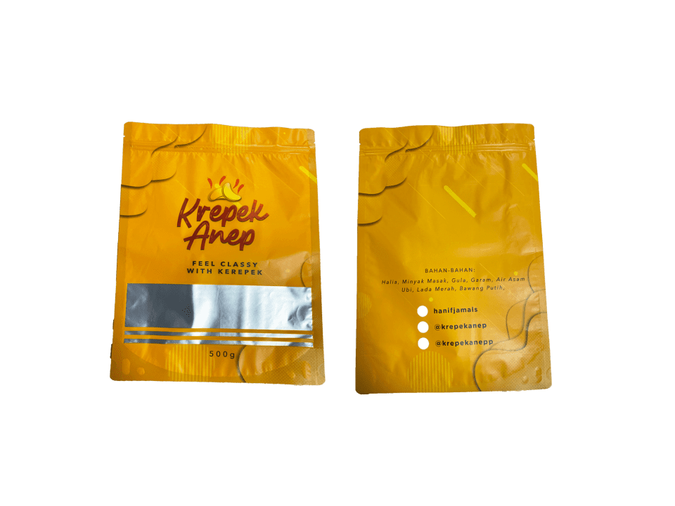 A resealable food bag with a golden color and a yellow and red design.